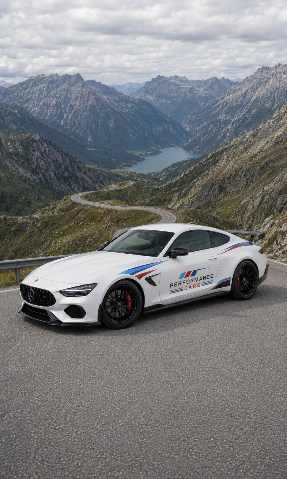Białe coupe Performance Cars na alpejskiej drodze z widokiem na jezioro